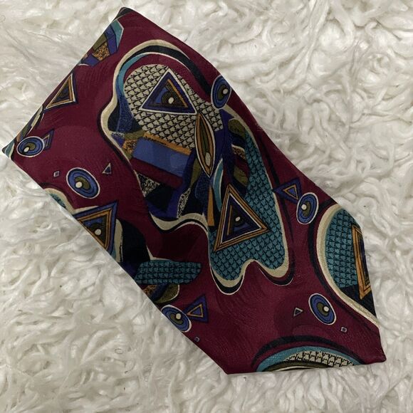 Zianetti Men’s Neck Tie Abstract Art Design Burgundy 100% Silk Vintage Italy - Picture 3 of 3